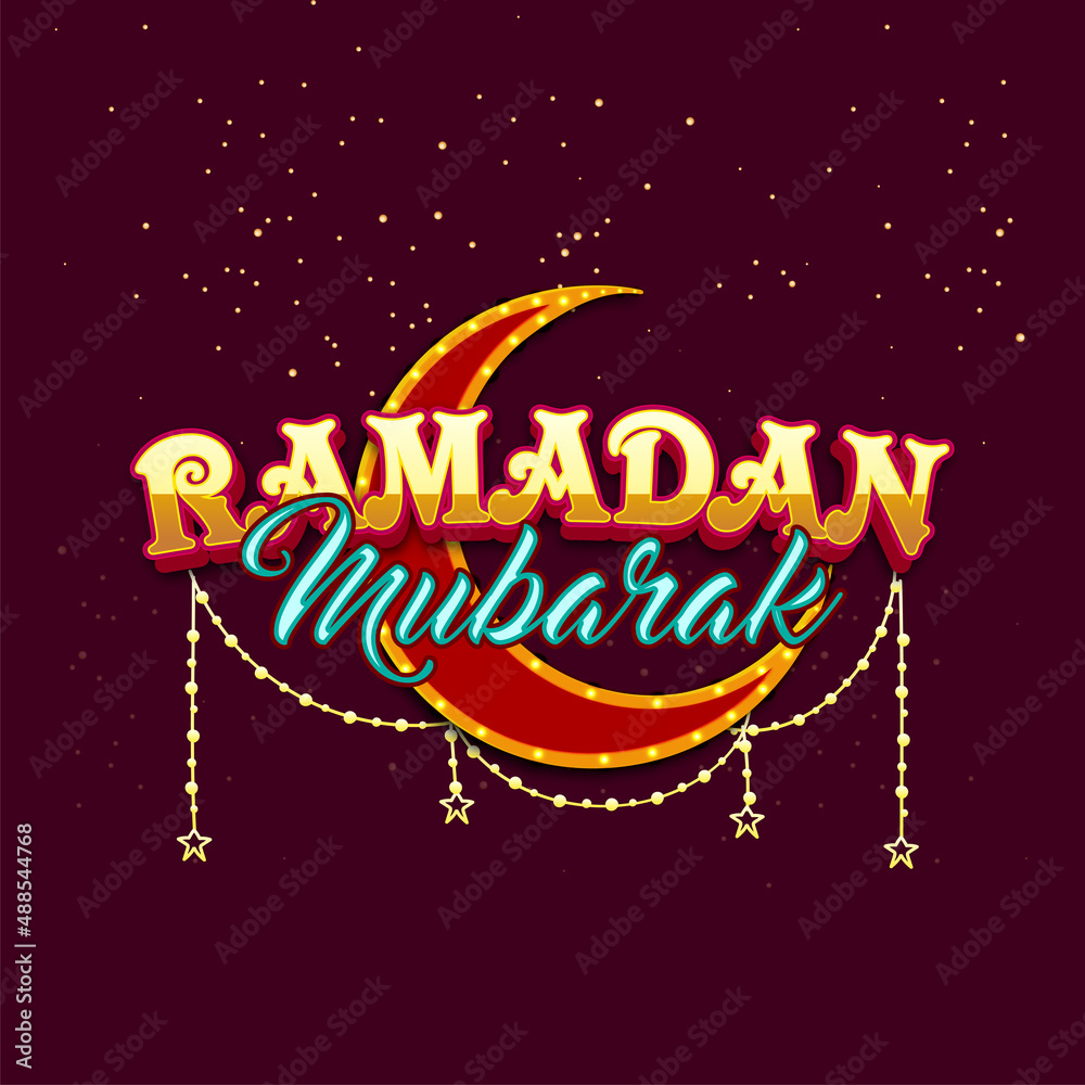 Golden And Blue Ramadan Mubarak Font With Crescent Moon In Marquee Lights, Star String On Claret Lights Background.