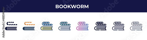 bookworm icon in 8 styles. line, filled, glyph, thin outline, colorful, stroke and gradient styles, bookworm vector sign. symbol, logo illustration. different style icons set.