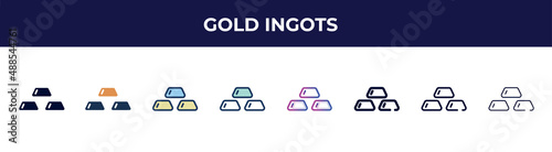 gold ingots icon in 8 styles. line, filled, glyph, thin outline, colorful, stroke and gradient styles, gold ingots vector sign. symbol, logo illustration. different style icons set.