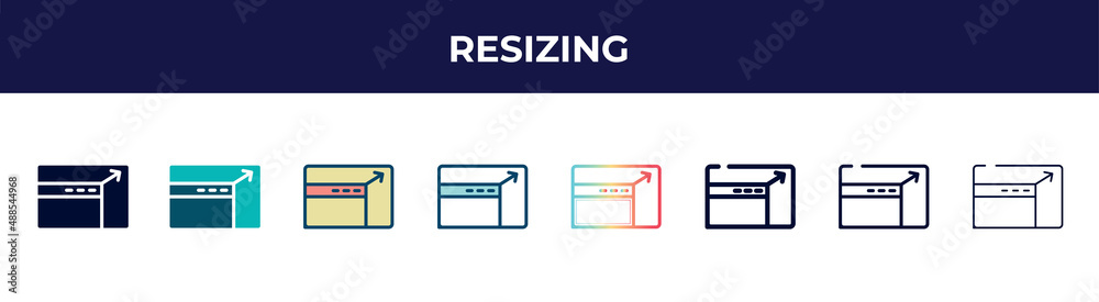 resizing icon in 8 styles. line, filled, glyph, thin outline, colorful, stroke and gradient styles, resizing vector sign. symbol, logo illustration. different style icons set. resizing icon in 8 styles. line, filled, glyph, thin outline, colorful, stroke and gradient styles, resizing vector sign. symbol, logo illustration. different style icons set.