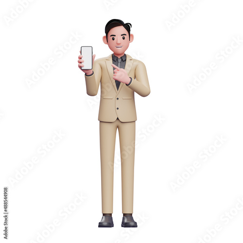 Businessman pointing to phone screen, 3D render businessman character illustration