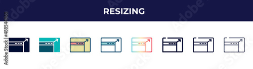 resizing icon in 8 styles. line, filled, glyph, thin outline, colorful, stroke and gradient styles, resizing vector sign. symbol, logo illustration. different style icons set.