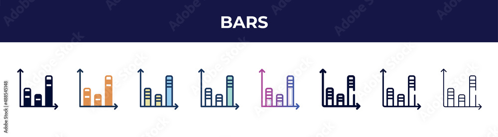 bars icon in 8 styles. line, filled, glyph, thin outline, colorful, stroke and gradient styles, bars vector sign. symbol, logo illustration. different style icons set.
