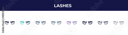 lashes icon in 8 styles. line, filled, glyph, thin outline, colorful, stroke and gradient styles, lashes vector sign. symbol, logo illustration. different style icons set.