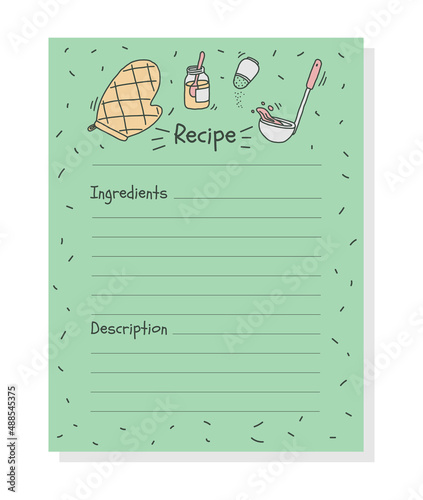 Recipe card or culinary book page mockup hand drawn doodle vector illustration.
