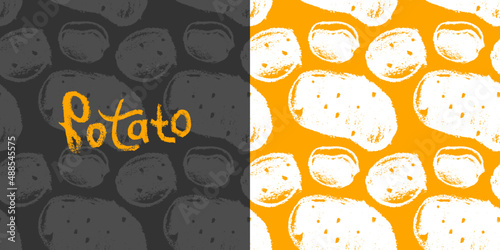 Vector potatoes pattern seamless. Potato drawings, root vegetable illustration. Vegetarian restaurant banner. Vegetal background for village food label, rustic chips packaging. Country cooking courses