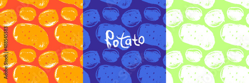 Vector potatoes pattern seamless. Potato drawings, root vegetable illustration. Vegetarian restaurant banner. Vegetal background for village food label, rustic chips packaging. Country cooking courses
