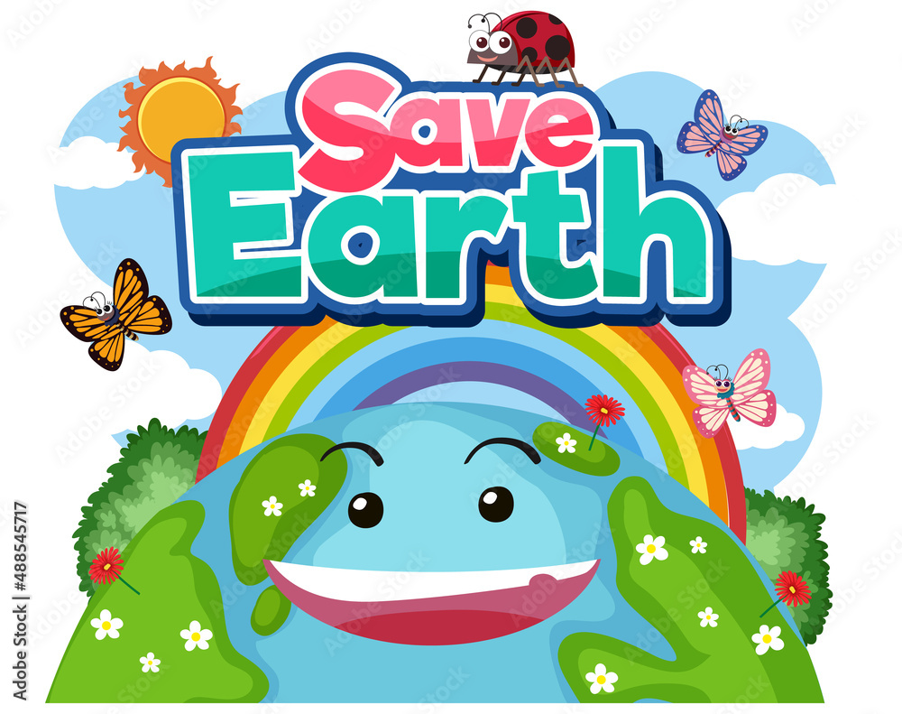 Save Earth typography logo with smile earth and rainbow