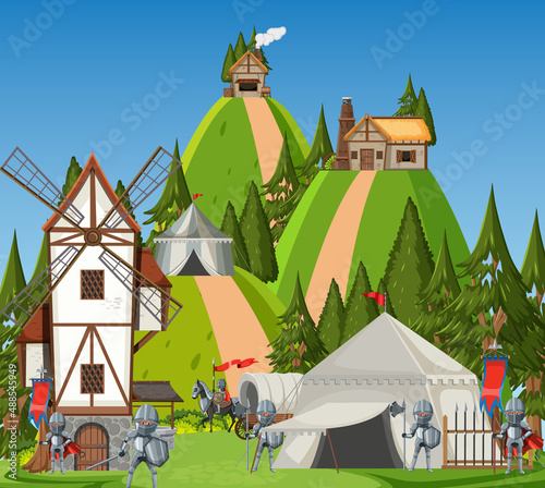 Medieval army camp scene in cartoon style