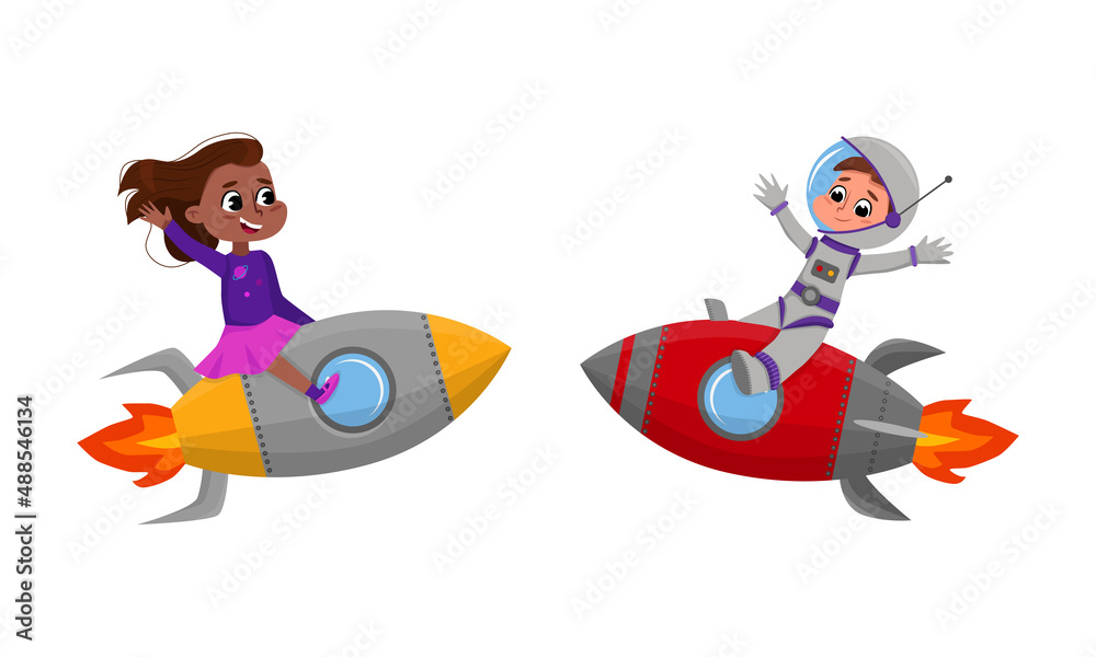 Cute children flying on rockets set cartoon vector illustration on white background Cute children flying on rockets set cartoon vector illustration on white background