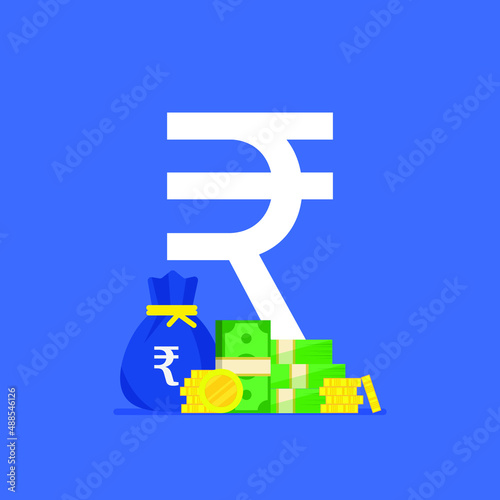 Rupee sign. Rupee bag and rupee stack vector illustration. Money treasure