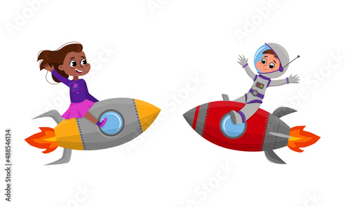Cute children flying on rockets set cartoon vector illustration on white background