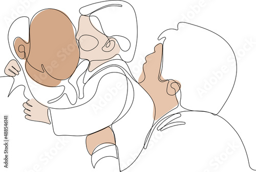 Continuous line drawing of old men and women are spending time with their granddaughter. The girl is kissing her grandfather with joy. One continuous line is the concept