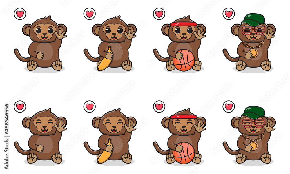 Vector Illustration of Cute sitting Monkey hand up pose. Set of cute little Monkey characters. Collection of funny little Monkey isolated on a white background. Vector Illustration of Cute sitting Monkey hand up pose. Set of cute little Monkey characters. Collection of funny little Monkey isolated on a white background.