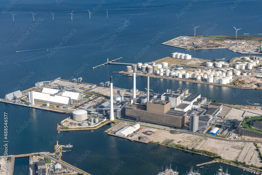 Copenhagen, Denmark - August 21, 2021: Aerial view of Amager Power Station, a biomass-fired power station