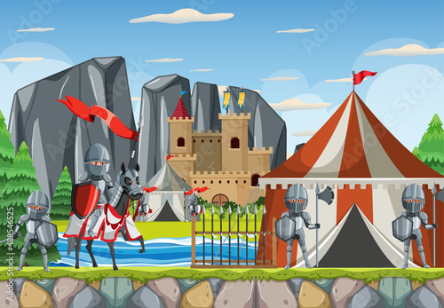 Medieval army camp scene with armour knight riding horse