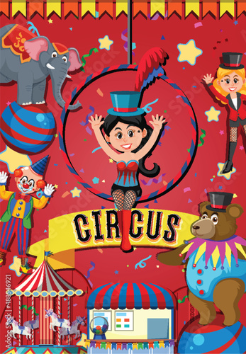 Circus banner design with magician and circus character