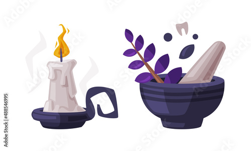 Mortar with herbs, pestle and burning candle, witchcraft attributes cartoon vector illustration