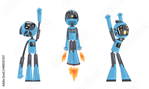 Cute funny robot androids in action set. Artificial intelligence, scientific innovation technologies cartoon vector illustration