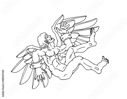 The fall of Icarus on broken wings. The hero of the myths of ancient Greece. Vector illustration with contour lines in black ink isolated on a white background in a hand drawn style.