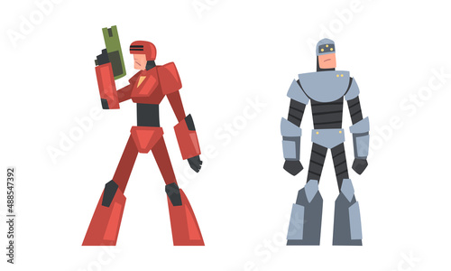 Cyborg soldiers with gun set. Man in robot costumes cartoon vector illustration