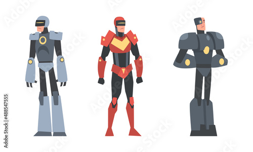 Powerful battle robots set. Man in robot costumes cartoon vector illustration