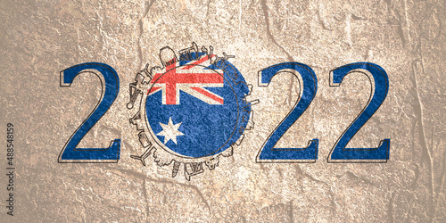 2022 year number with industrial icons around zero digit. Flag of Australia.