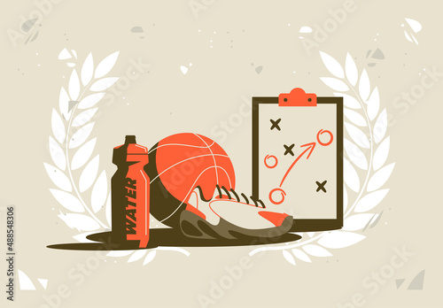 vector illustration of a group of objects for playing basketball, a basketball, a sports sneaker, a water bottle and a tablet with a tactical scheme