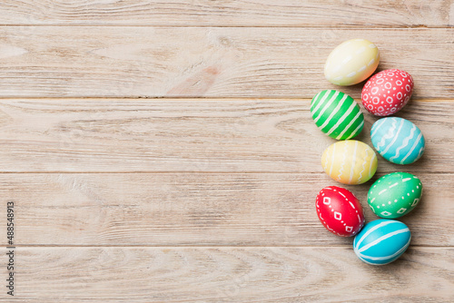 holiday preparation Multi colors Easter eggs on colored background . Pastel color Easter eggs. holiday concept with copy space