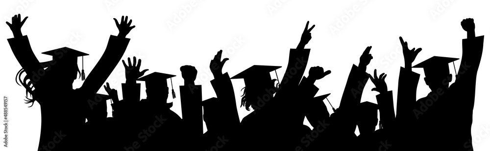 Happy crowd of graduates in square academic caps. Cheerful people silhouette. Vector  illustration.