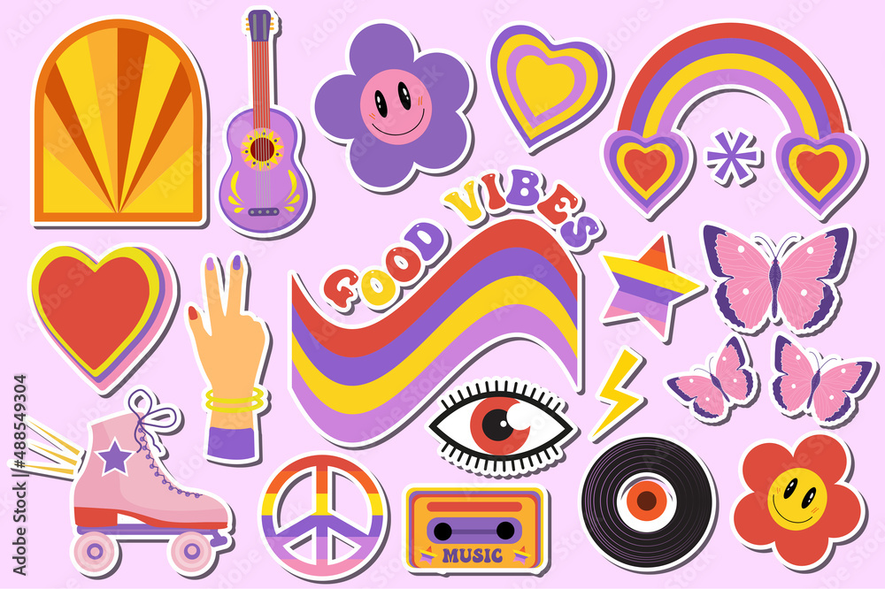 Naklejka premium Retro 70s, hippie sticker objects set, psychedelic trippy groovy elements for t-shirts. Cartoon funky vintage hippy style element new trend of the 2022 year. vector illustration, clip art