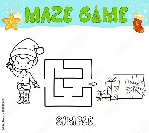 Christmas Maze puzzle game for children. Simple outline maze or labyrinth game with christmas boy elf.