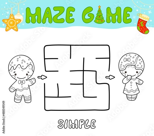 Christmas Maze puzzle game for children. Simple outline maze or labyrinth game with christmas Gingerbread man.
