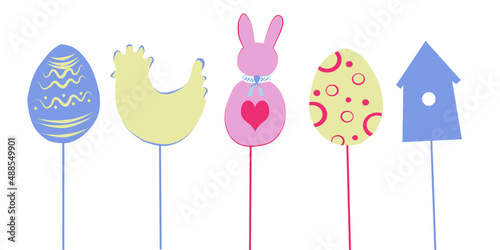 Colored border of Easter eggs, hare, chicken and birdhouse.