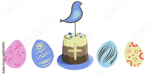 Colored border of Easter eggs and cake.
