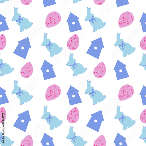 A color pattern of Easter eggs, a hare and a birdhouse on a white background.