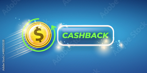 vector money cash back horizontal banner design template with cash back icon and coins isolated on modern blue background. 3d cashback bonus or money refund label horizontal banner