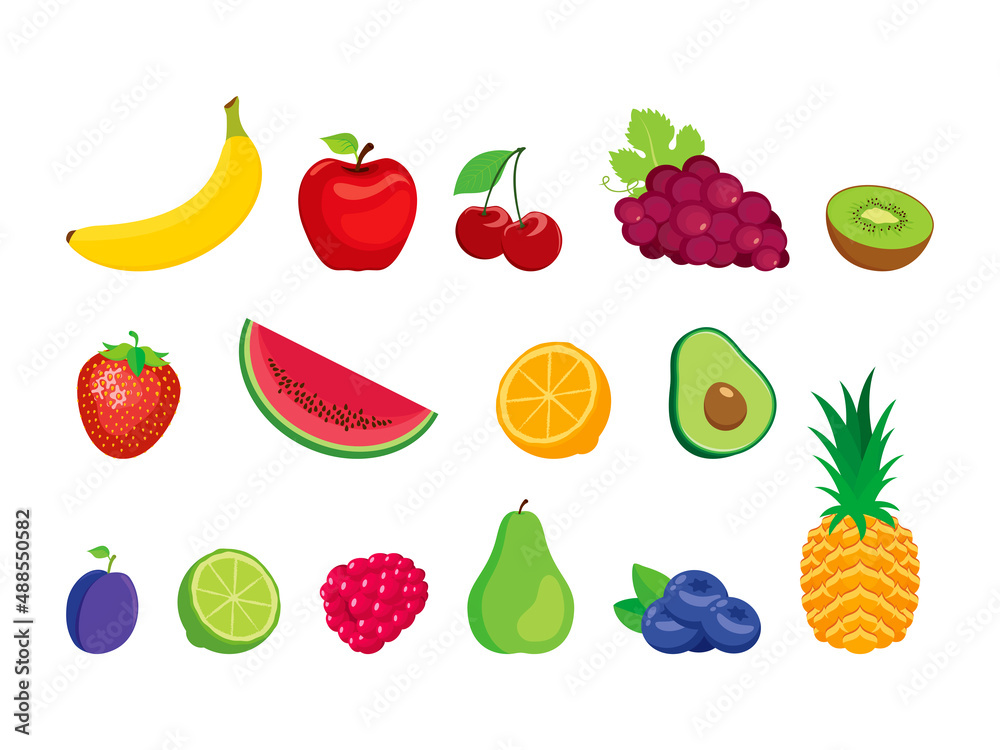 Fruits and berries different kinds icon set vector. Fruit icon set isolated on a white background. Fruits various design element Fruits and berries different kinds icon set vector. Fruit icon set isolated on a white background. Fruits various design element