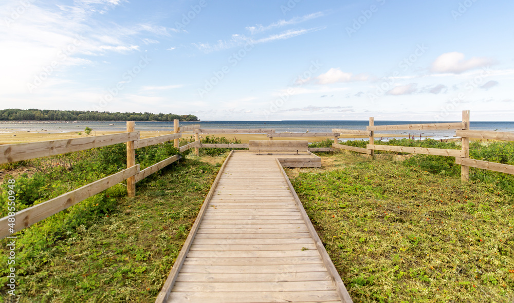 conservation area, environment and ecology concept - wooden path on beach in nature reserve in Estonia