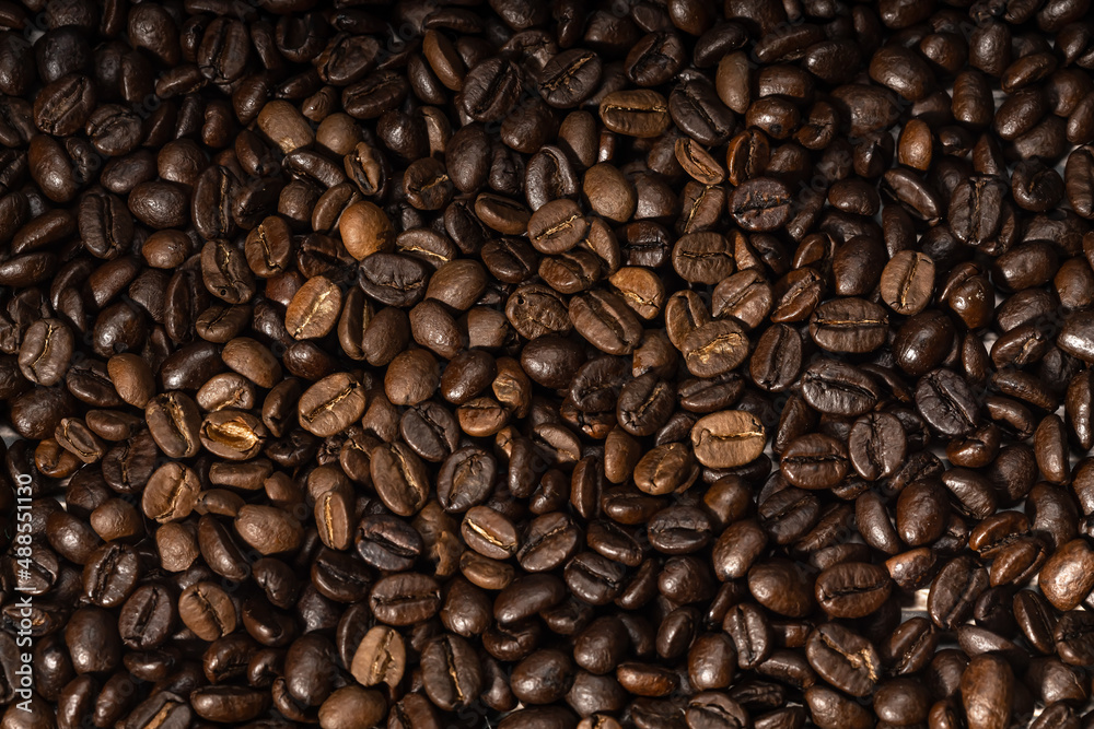Fototapeta premium Roasted coffee consumers. Coffee objects are laid out on the surface. Food photo background.