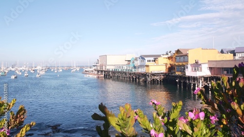 Colorful wooden houses on piles or pillars, ocean bay or harbor, sea water. Old Fisherman's Wharf. Yachts, sail boats in Monterey Marina, California coast USA. Tourist beachfront promenade, flowers.