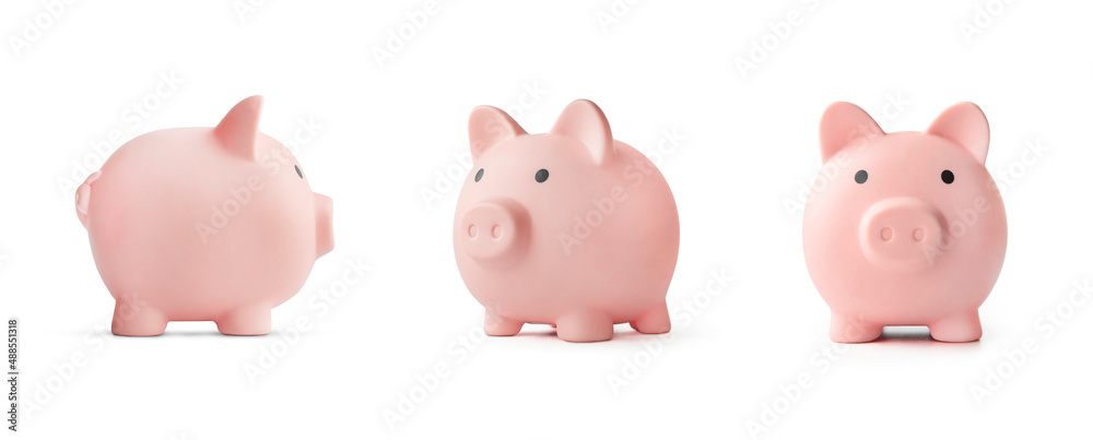 concept of preserving and saving money. Pink piggy bank isolated on white - obrazy, fototapety, plakaty 