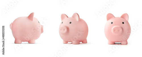 concept of preserving and saving money. Pink piggy bank isolated on white photo