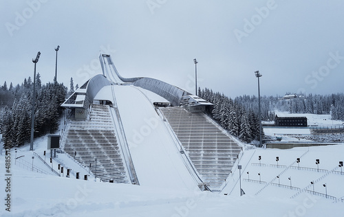 Ski jump covered in snow at Holmenkollen, January 2018 photo