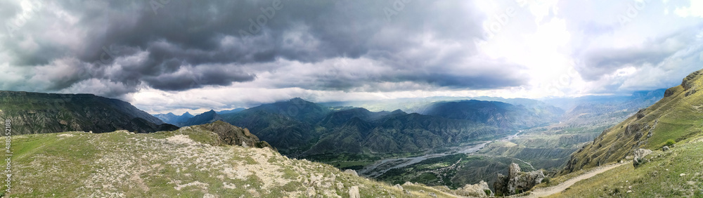 Beautiful breathtaking view of the mountains during a thunderstorm in Dagestan, Caucasus Russia