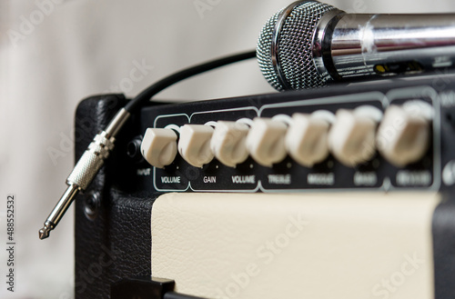 Принти на полотні Cord jack cable to the electric guitar amplifier, combo amplifier and microphone
