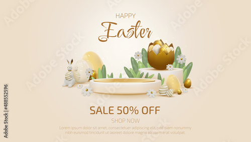 Happy easter with product display podium and realistic rabbit and golden egg elements.