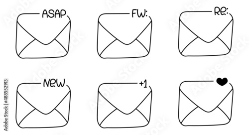 Email notifications: new, like, asap, fw or forwarded, re or answer. Vector set of envelopes drawn in doodle style. Virtual communication signs.