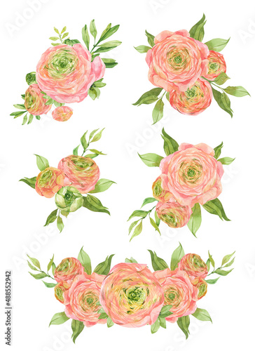 Clip Art bouquet of a flower Ranunculus, watercolor illustration, floral texture background