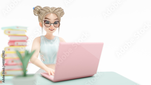 Happy young woman sitting on chair. enjoys studying learning and researching information from computer. pink laptop is placed on work desk. cartoon character, 3d rendering